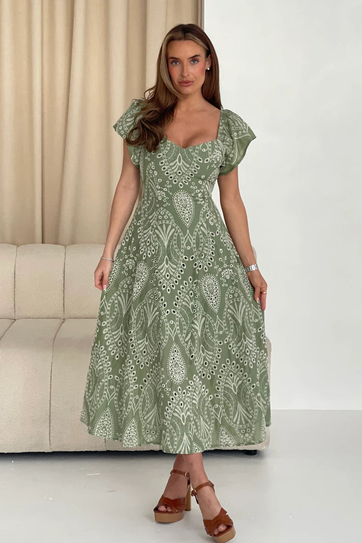 Milly Sage Green Short Sleeve Broderie Anglaise Midi Dress