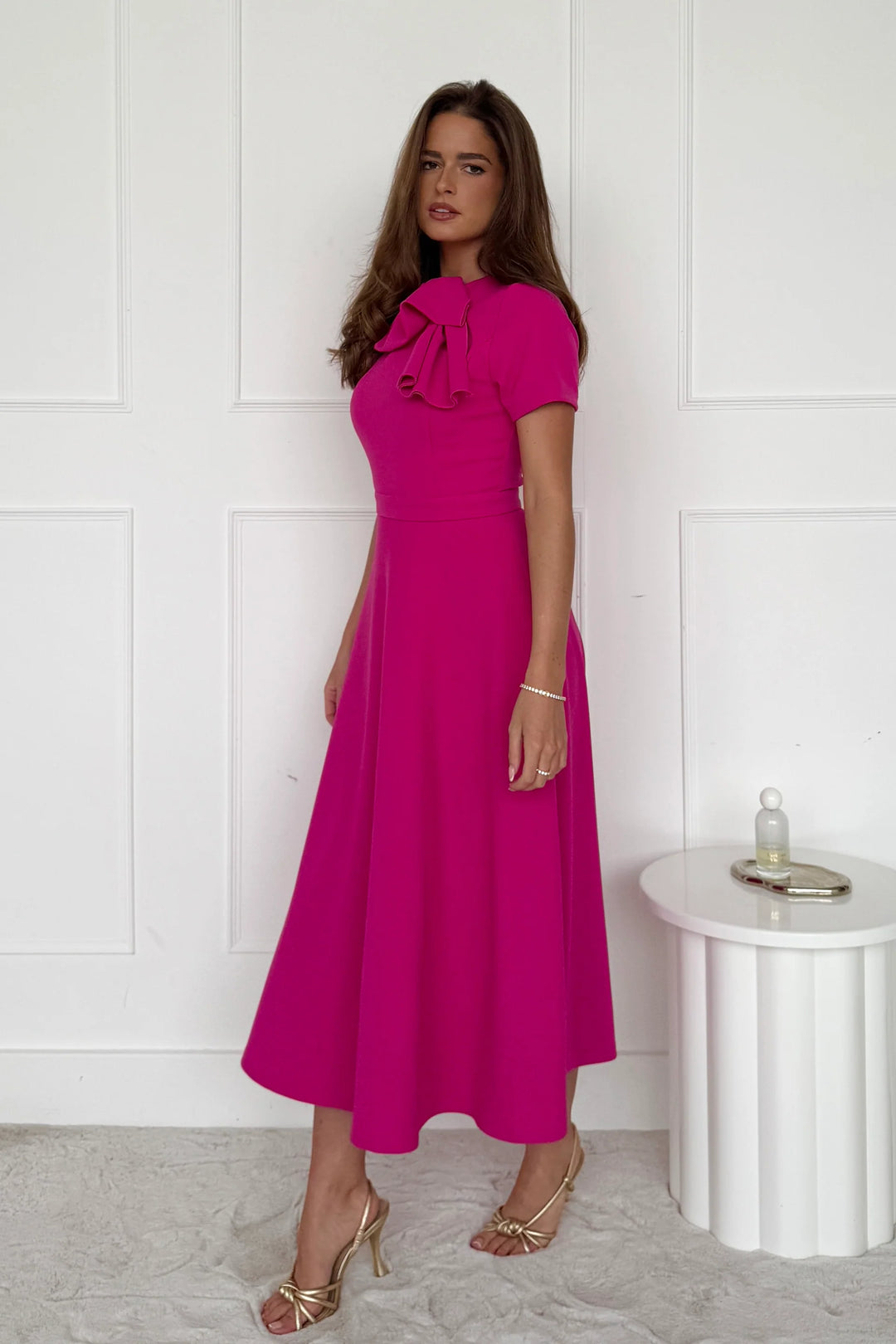 Minta Pink Bow Detail Short Sleeve Midi Dress