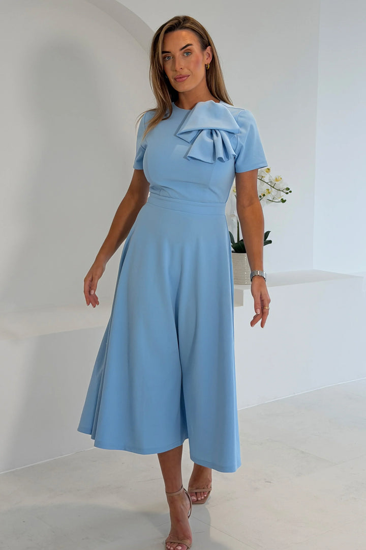 Minta Sky Blue Bow Detail Short Sleeve Midi Dress