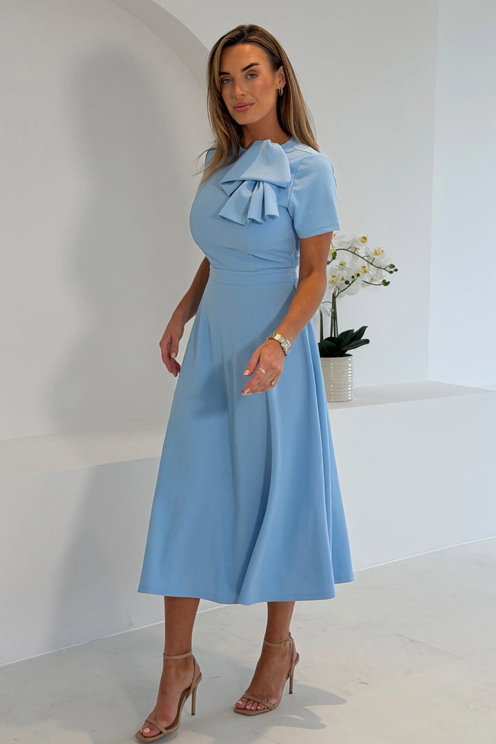 Minta Sky Blue Bow Detail Short Sleeve Midi Dress