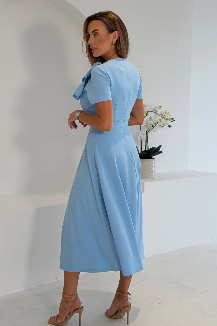 Minta Sky Blue Bow Detail Short Sleeve Midi Dress