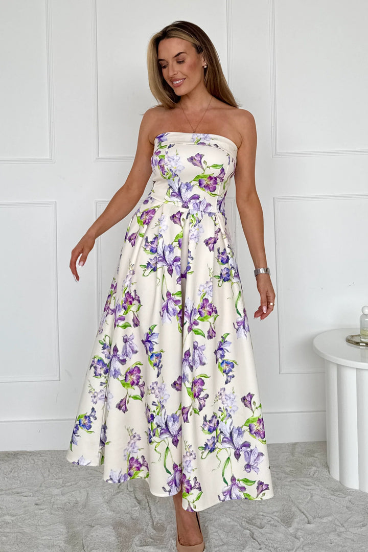 Danni Yellow Floral Strapless Bandeau Midi Dress With Pockets