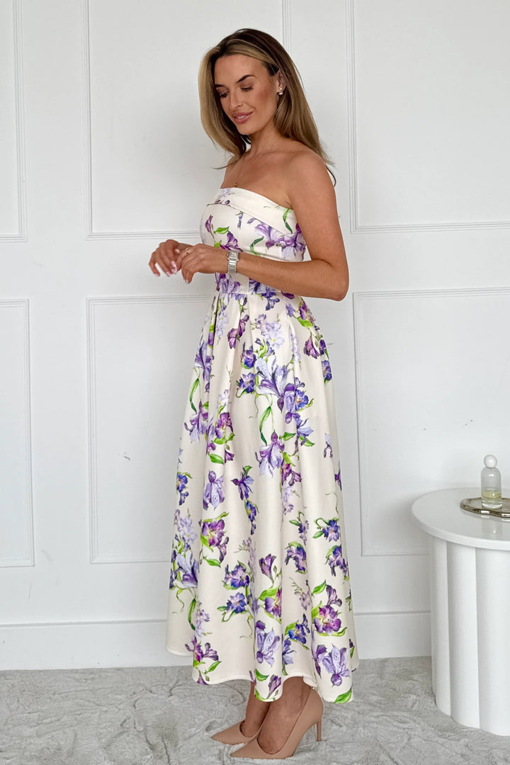Danni Yellow Floral Strapless Bandeau Midi Dress With Pockets