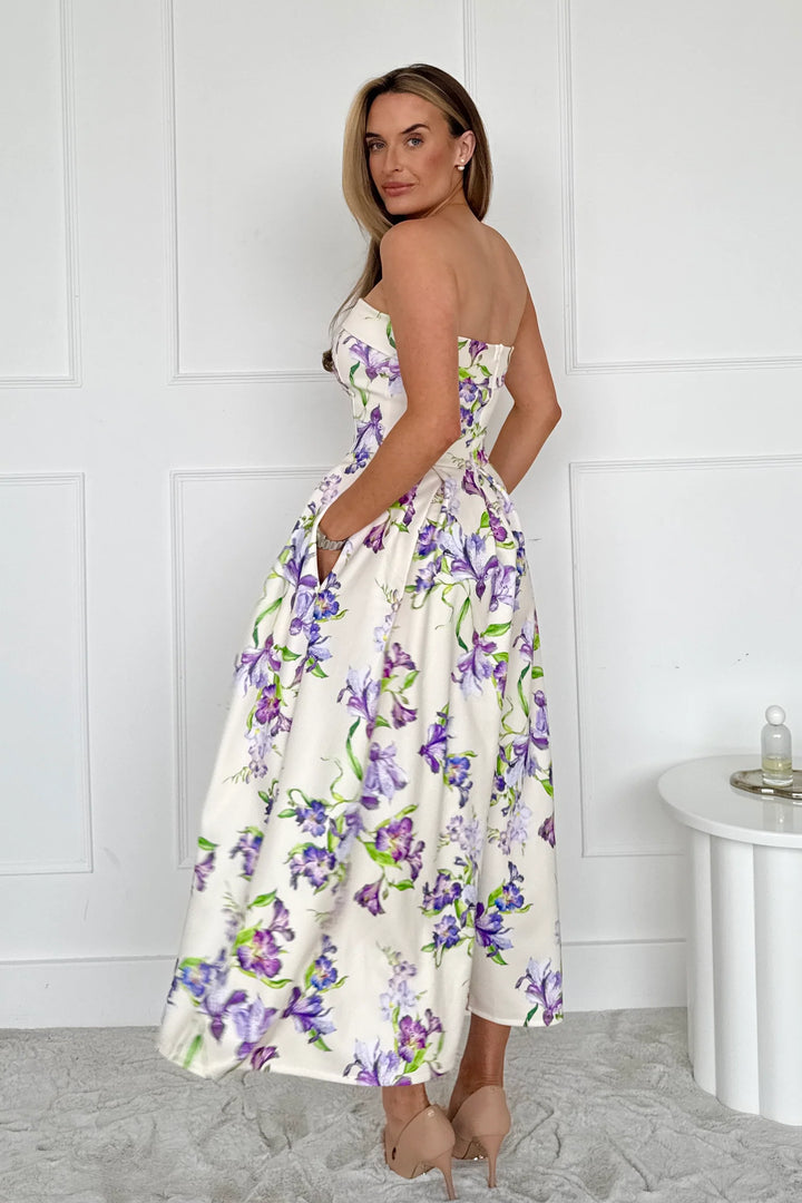 Danni Yellow Floral Strapless Bandeau Midi Dress With Pockets