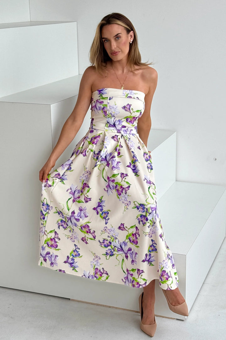 Danni Yellow Floral Strapless Bandeau Midi Dress With Pockets