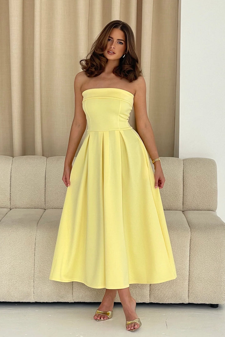 Danni Yellow Strapless Bandeau Midi Dress With Pockets