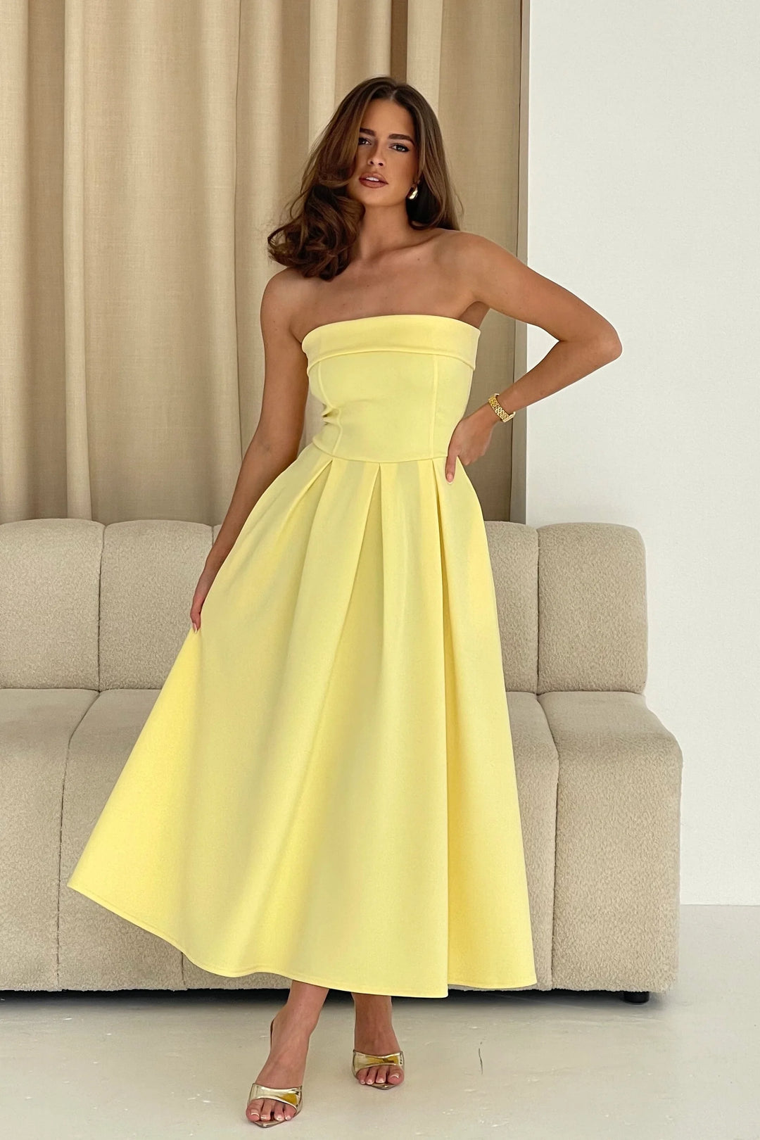 Danni Yellow Strapless Bandeau Midi Dress With Pockets