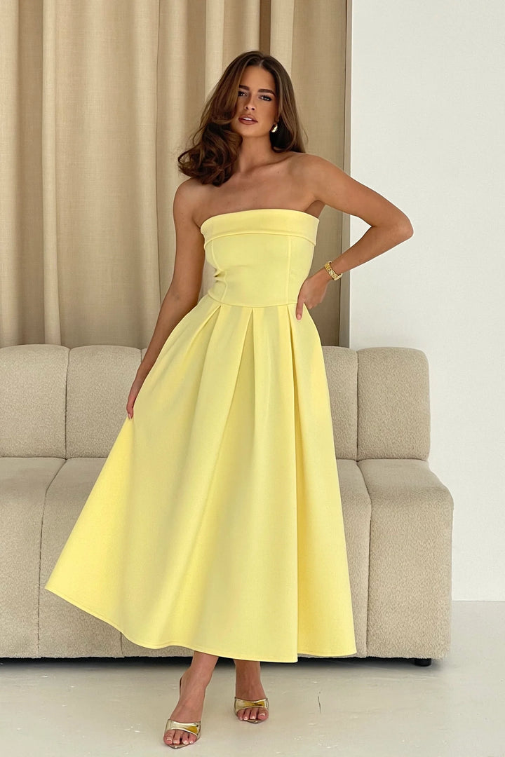 Danni Yellow Strapless Bandeau Midi Dress With Pockets