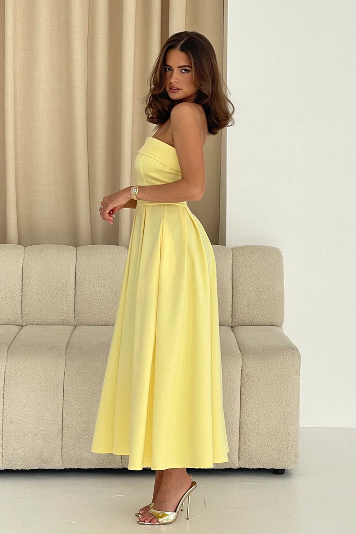 Danni Yellow Strapless Bandeau Midi Dress With Pockets