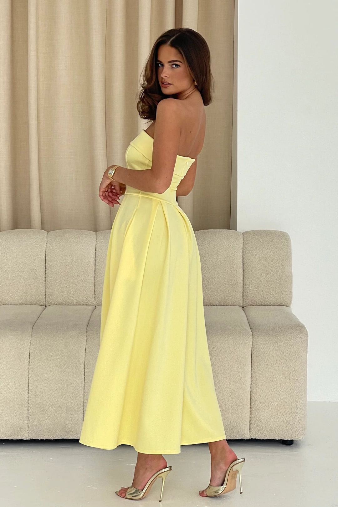 Danni Yellow Strapless Bandeau Midi Dress With Pockets