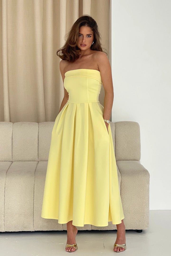 Danni Yellow Strapless Bandeau Midi Dress With Pockets