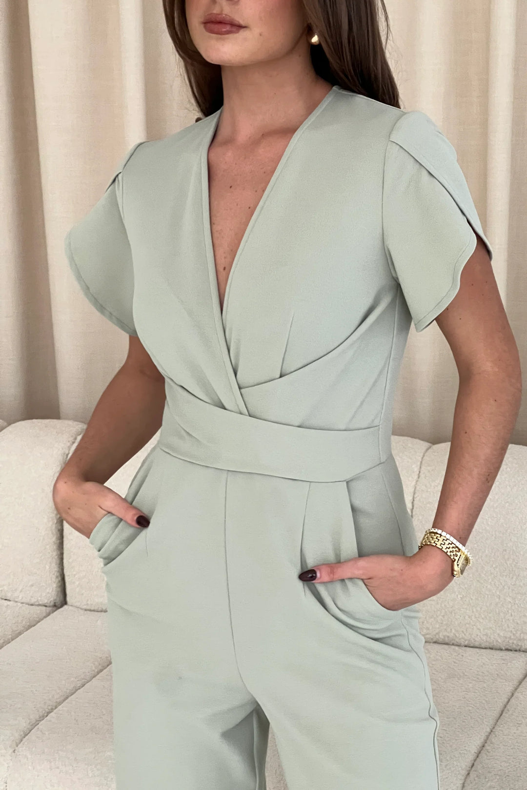 Bridget Sage Twist Front Split Sleeve Wide Leg Jumpsuit