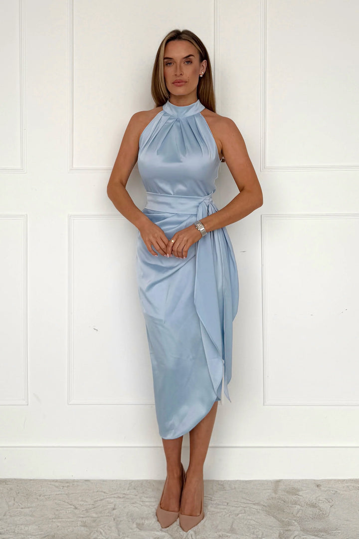 Priya Blue Satin Tie Waist Bodycon Halter Neck Midi Dress