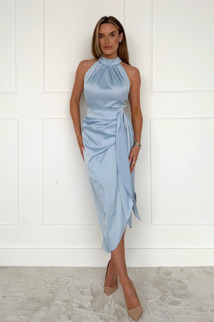 Priya Blue Satin Tie Waist Bodycon Halter Neck Midi Dress