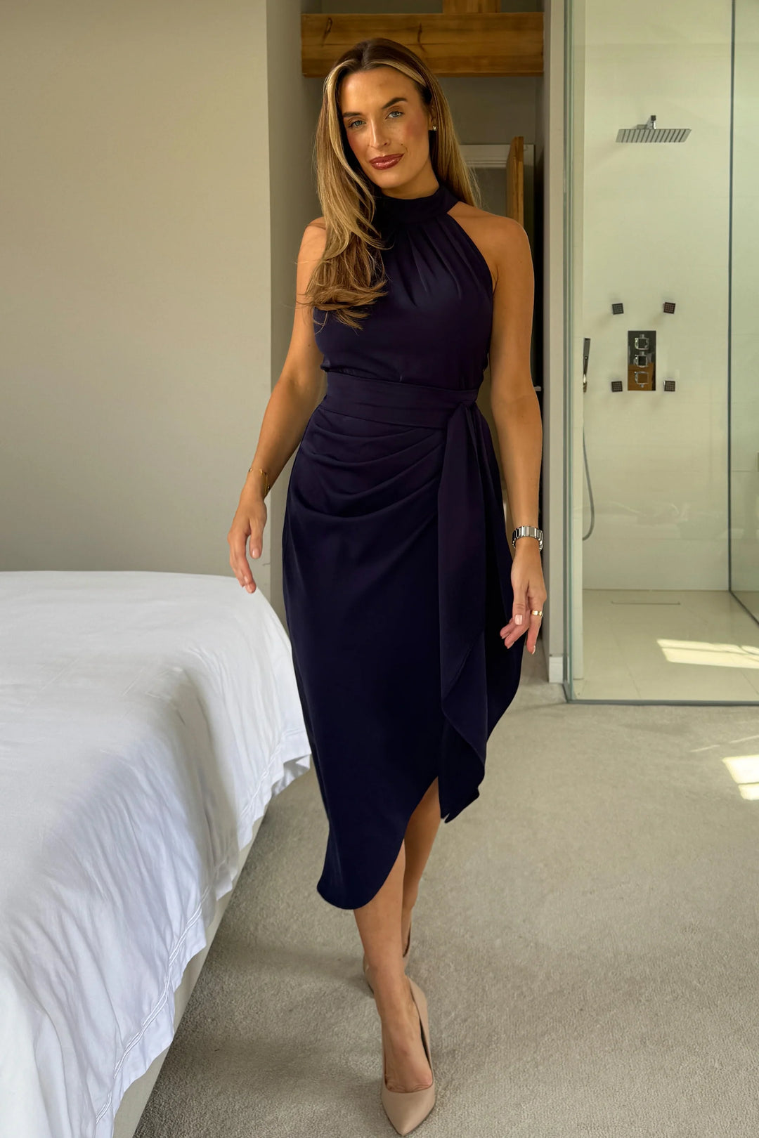 Priya Navy Tie Waist Bodycon Halter Neck Midi Dress