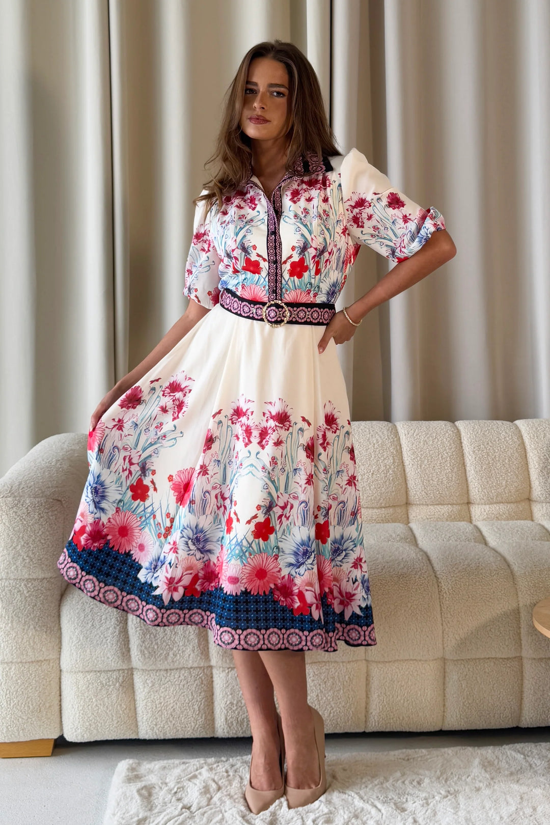 Holland Cream Floral Short Sleeve Belted Midi Dress