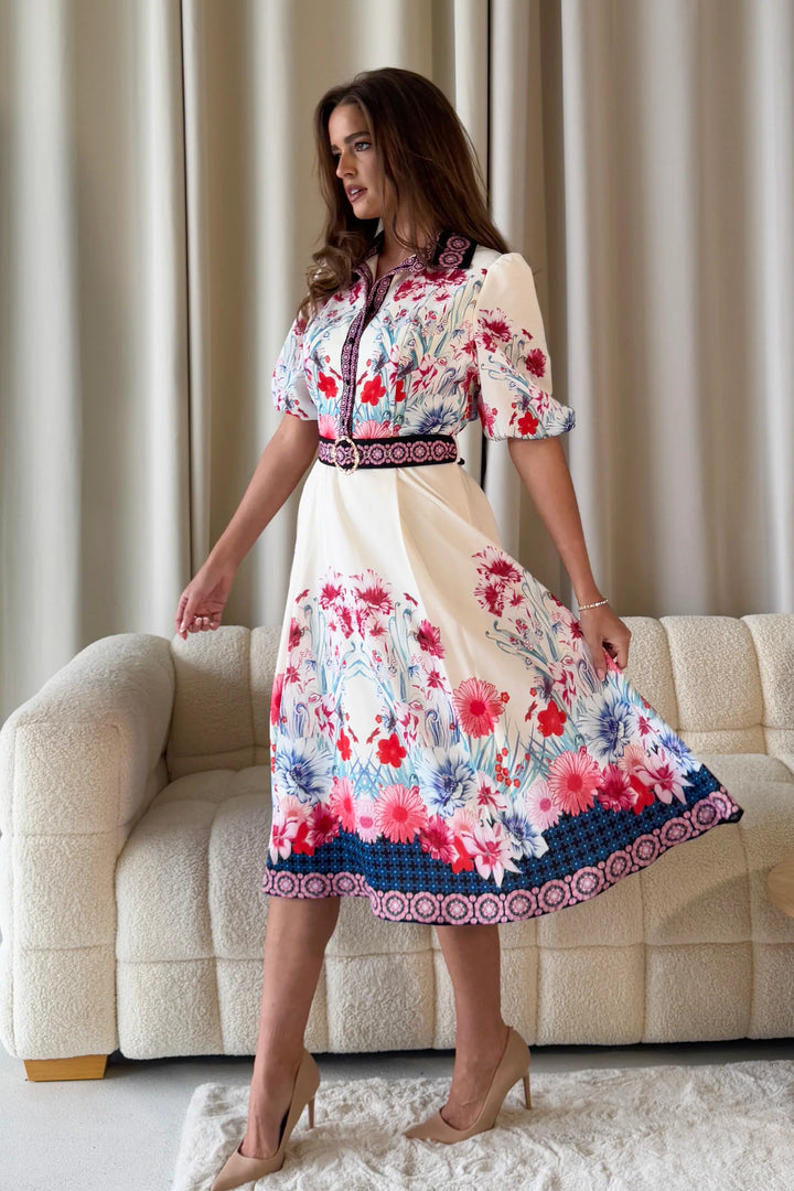 Holland Cream Floral Short Sleeve Belted Midi Dress