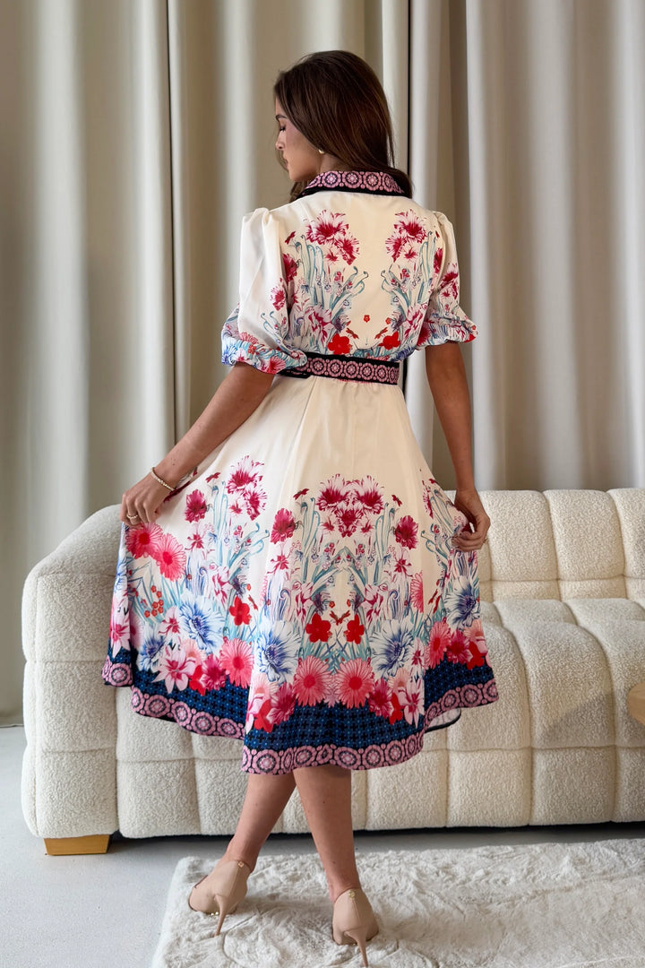 Holland Cream Floral Short Sleeve Belted Midi Dress