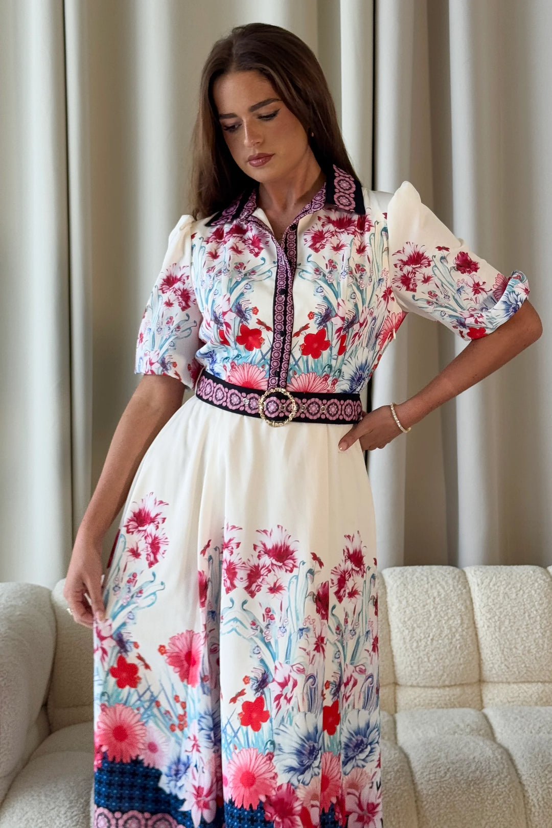 Holland Cream Floral Short Sleeve Belted Midi Dress