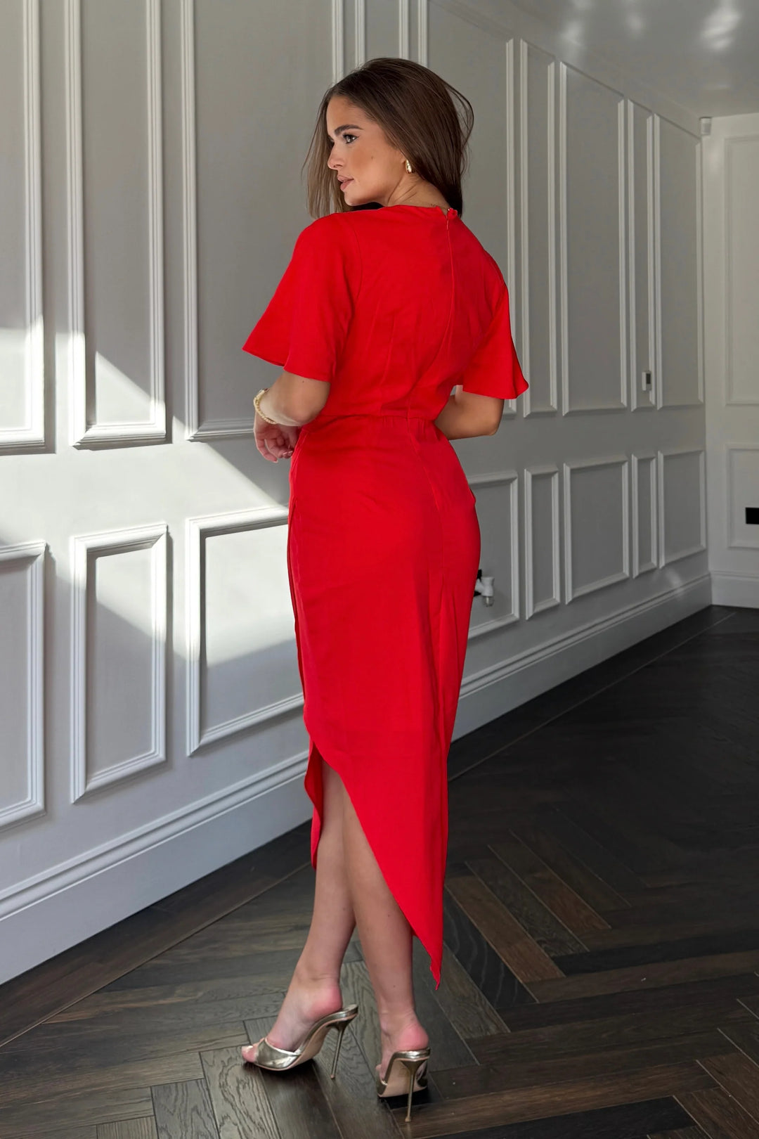 Natasha Red Angel Sleeve Chiffon Wrap Midi Dress