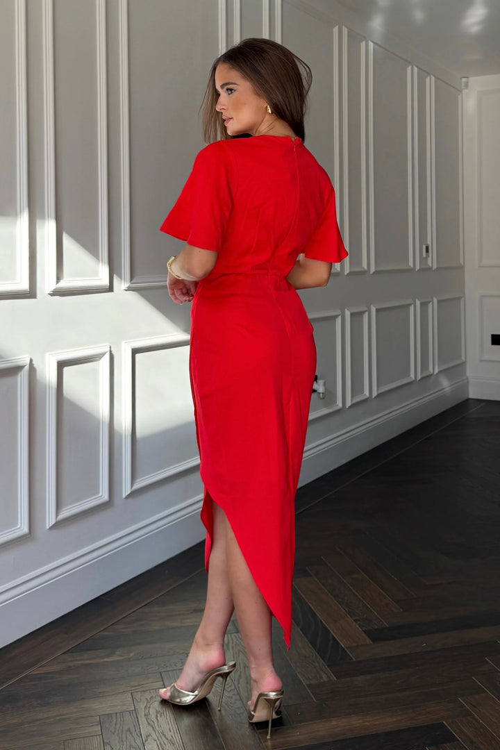 Natasha Red Angel Sleeve Chiffon Wrap Midi Dress