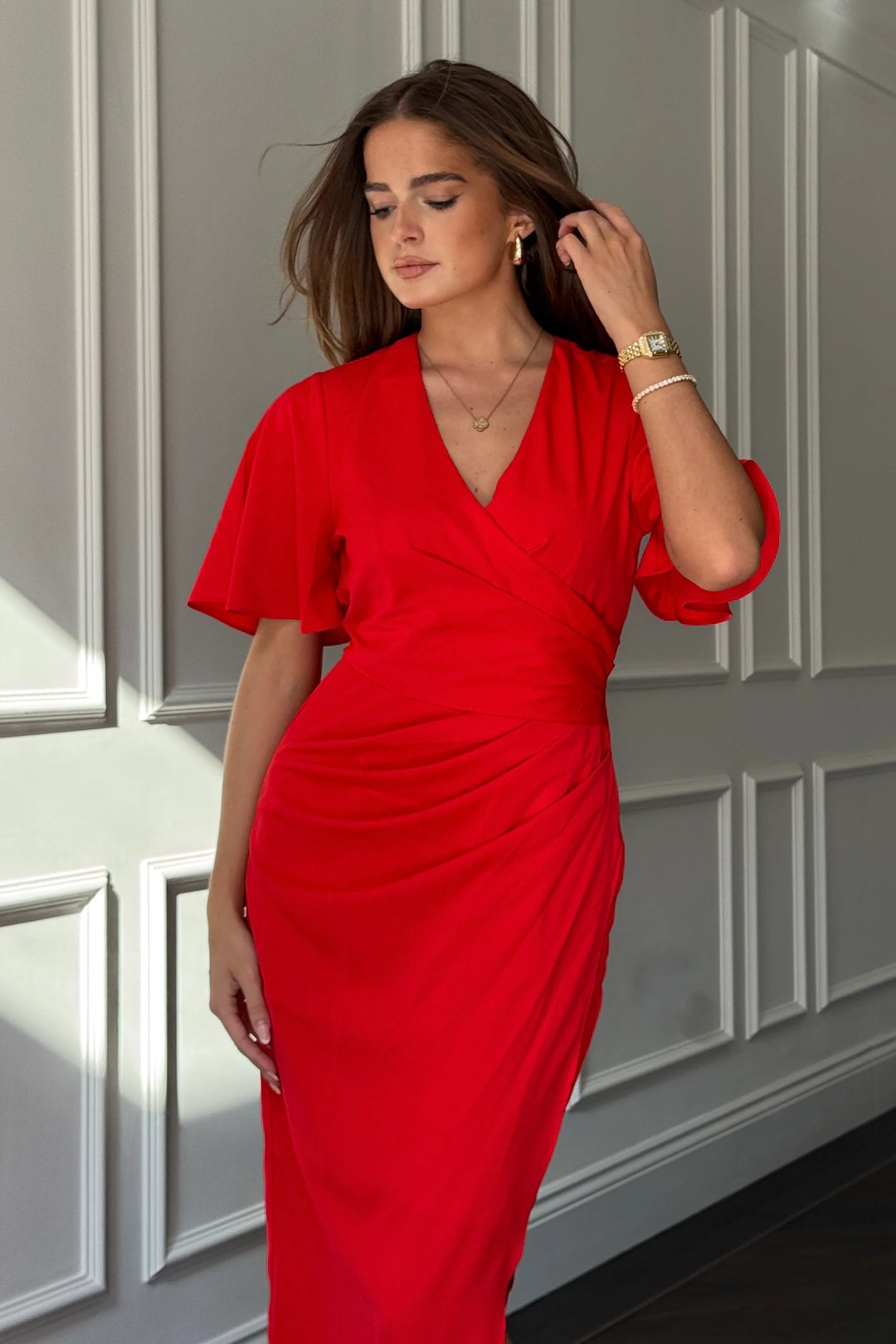 Natasha Red Angel Sleeve Chiffon Wrap Midi Dress