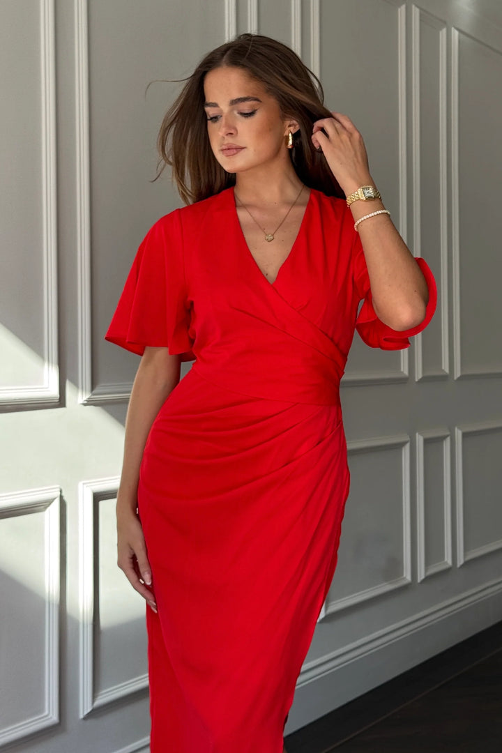 Natasha Red Angel Sleeve Chiffon Wrap Midi Dress