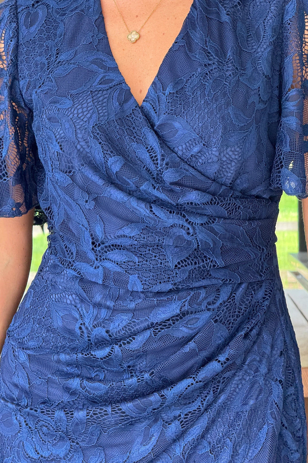 Natasha Navy Lace Angel Sleeve Chiffon Wrap Midi Dress