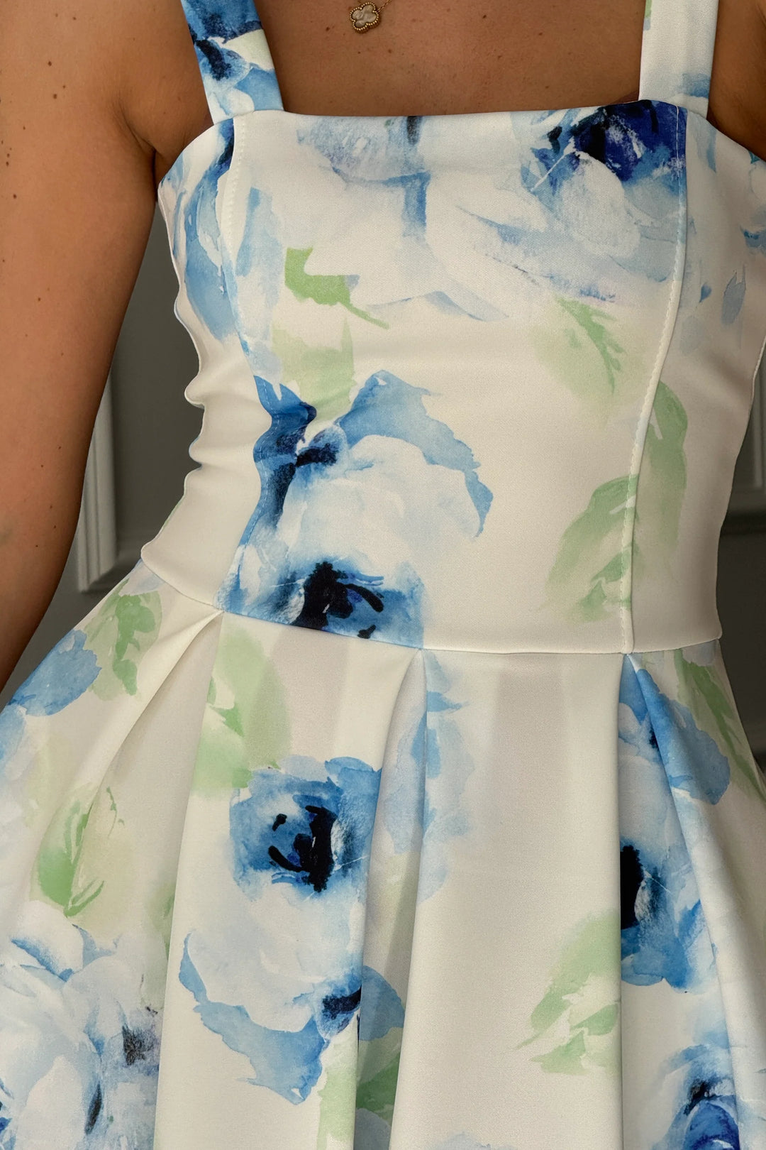 Heather Cream & Blue Floral Midi Dress With Pockets - CHECK SIZING INFO
