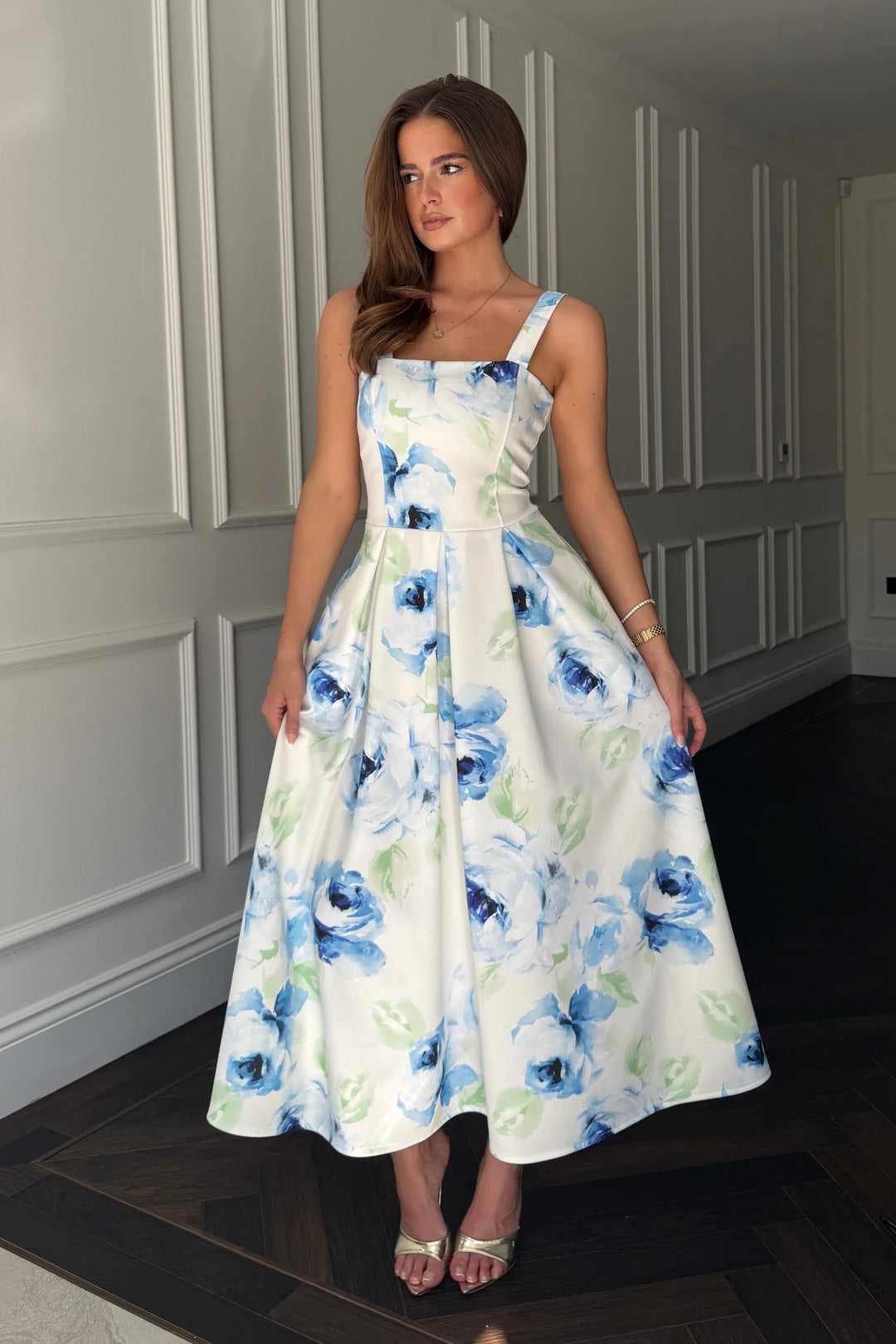 Heather Cream & Blue Floral Midi Dress With Pockets - CHECK SIZING INFO