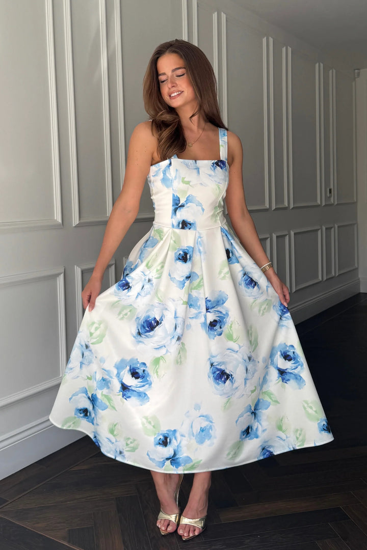 Heather Cream & Blue Floral Midi Dress With Pockets - CHECK SIZING INFO