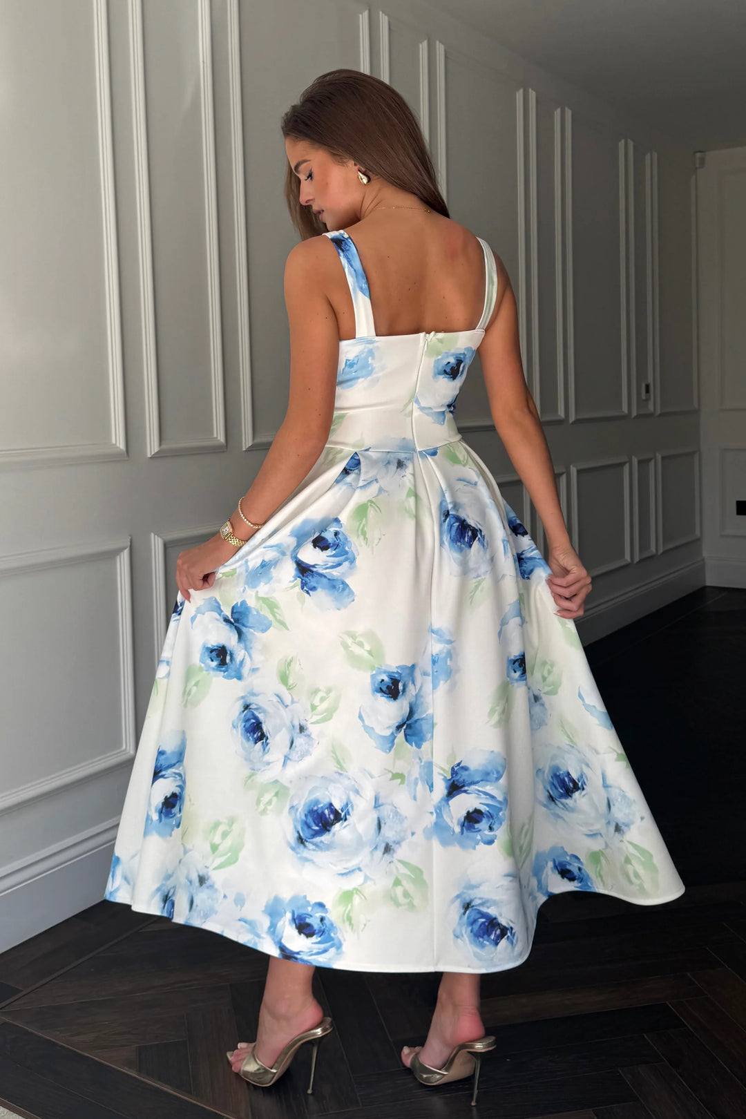 Heather Cream & Blue Floral Midi Dress With Pockets - CHECK SIZING INFO