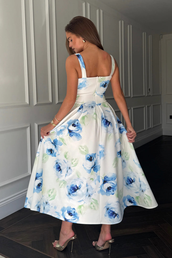 Heather Cream & Blue Floral Midi Dress With Pockets - CHECK SIZING INFO