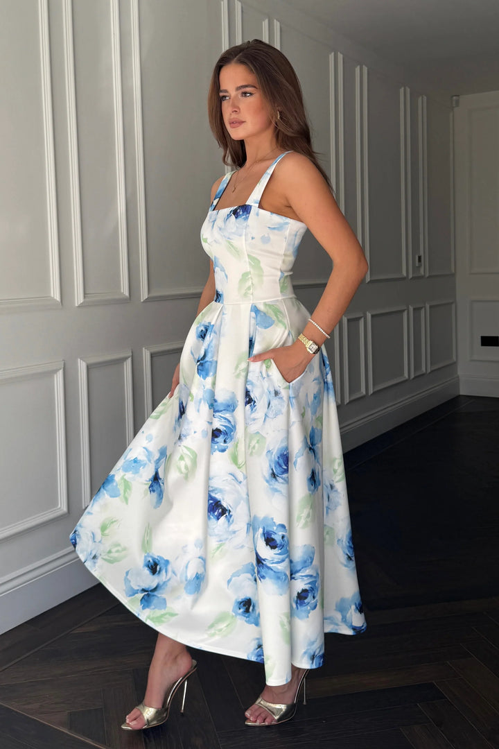 Heather Cream & Blue Floral Midi Dress With Pockets - CHECK SIZING INFO