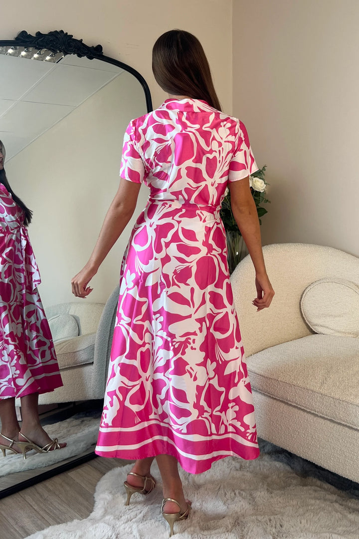 Carmen Pink Floral Short Sleeve Tie Front Midi 1/2 Shirt Dress With Pockets