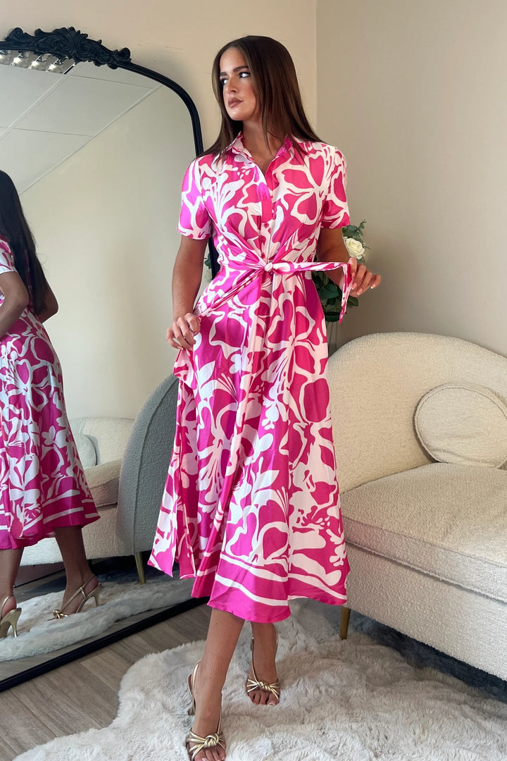 Carmen Pink Floral Short Sleeve Tie Front Midi 1/2 Shirt Dress With Pockets