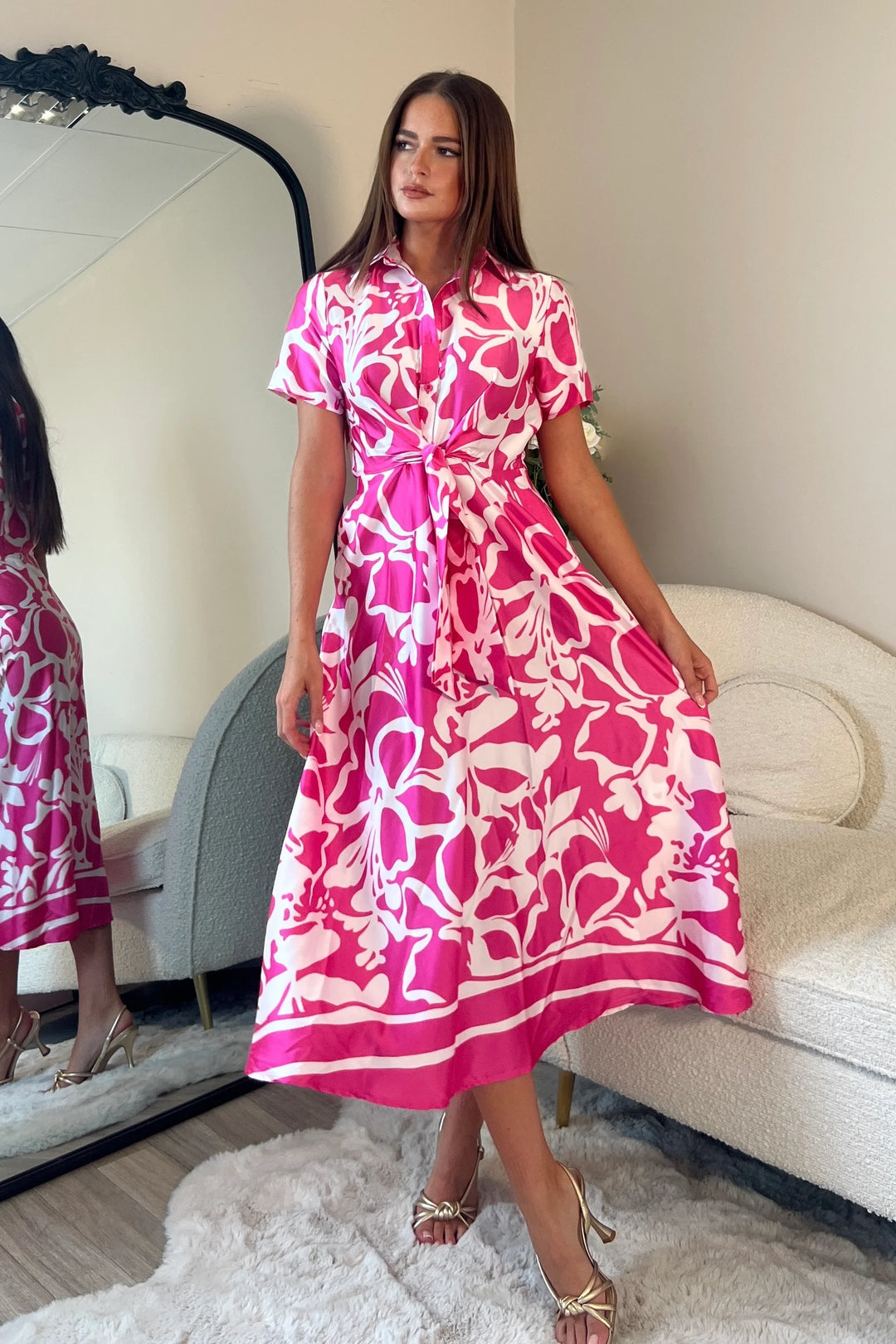 Carmen Pink Floral Short Sleeve Tie Front Midi 1/2 Shirt Dress With Pockets