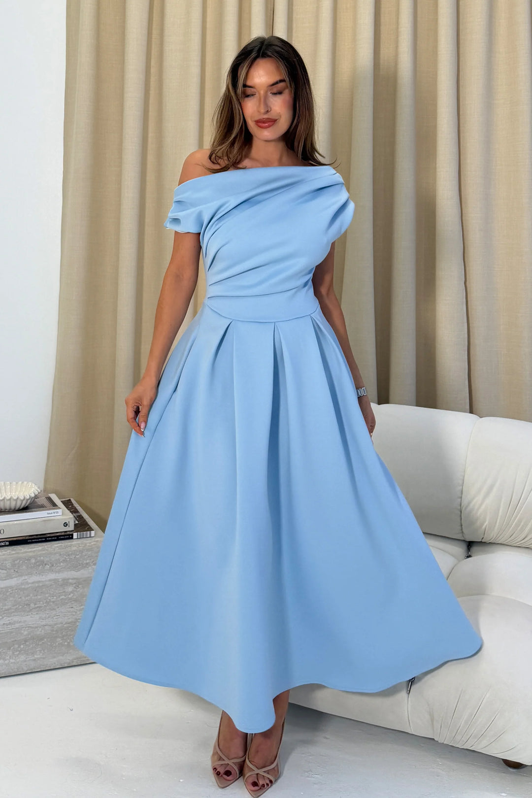 Betty Baby Blue Asymmetric Neckline Skater Maxi Dress With Pockets