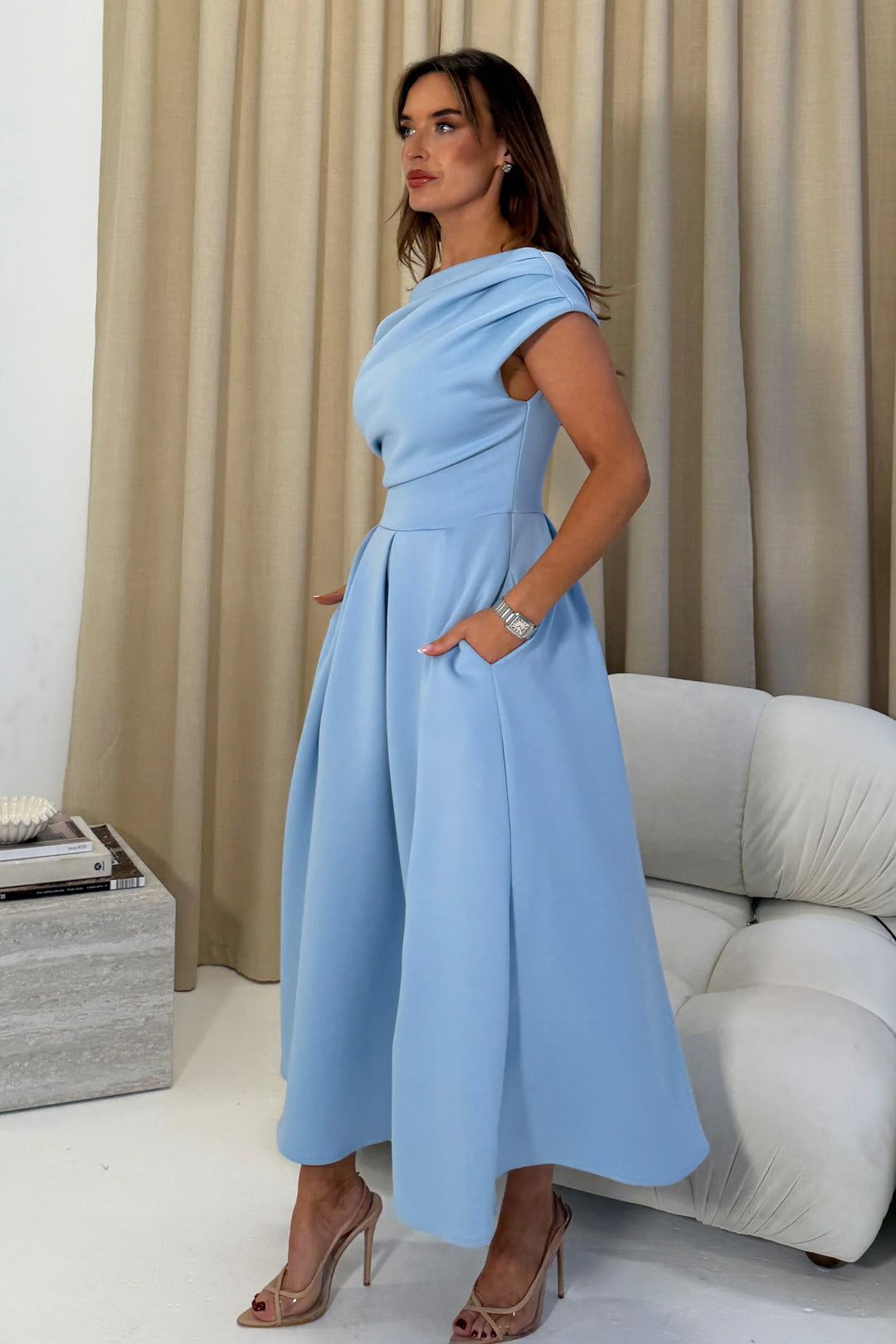 Betty Baby Blue Asymmetric Neckline Skater Maxi Dress With Pockets