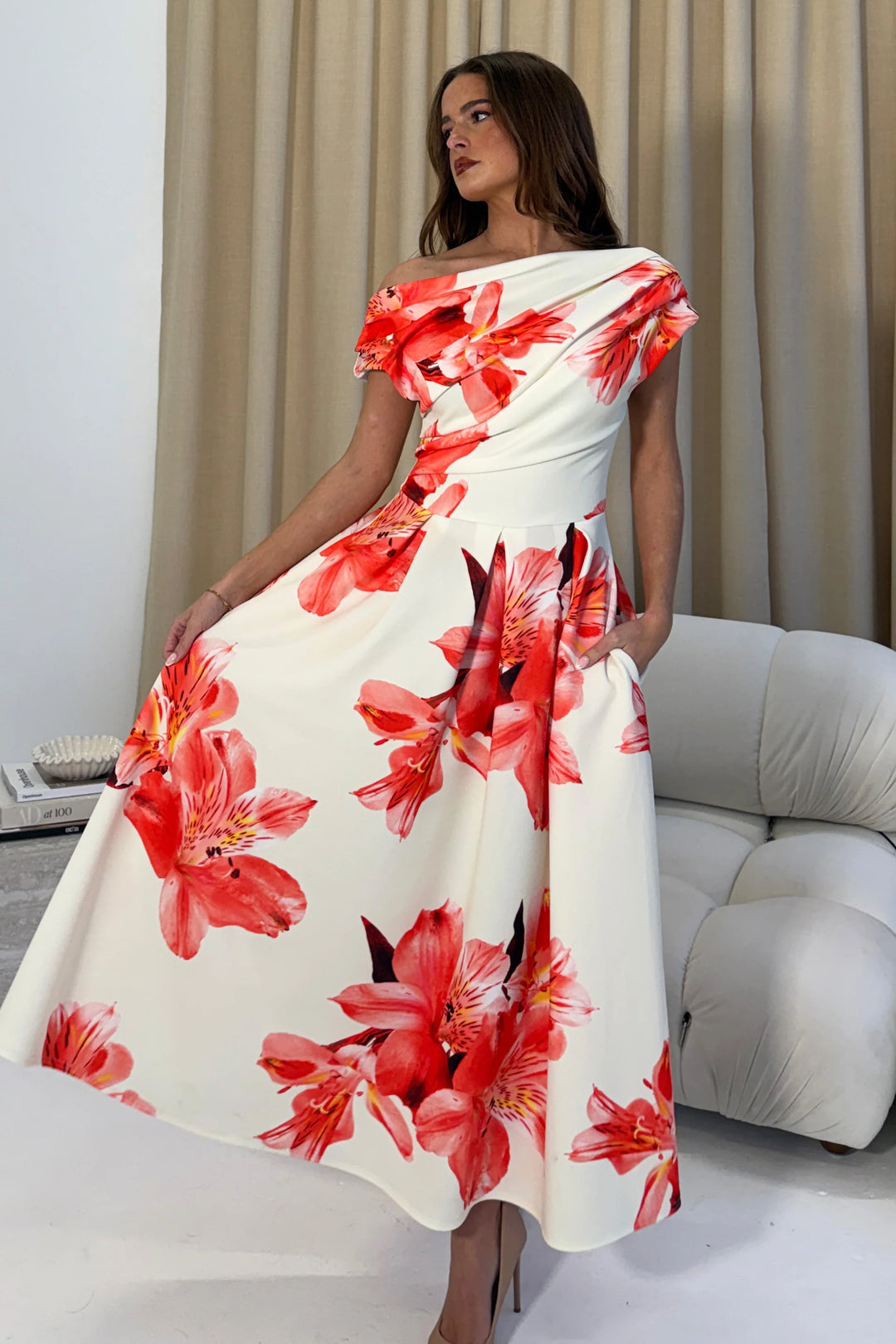 Betty Orange Floral Asymmetric Neckline Skater Maxi Dress With Pockets