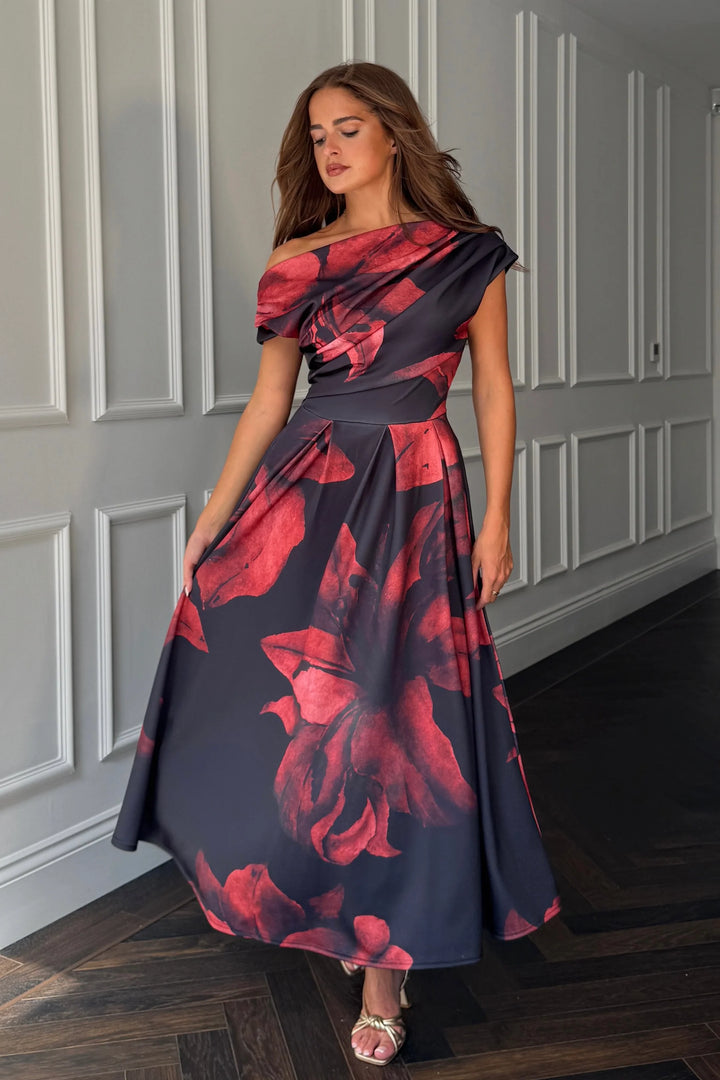 Betty Black Floral Asymmetric Neckline Skater Maxi Dress With Pockets