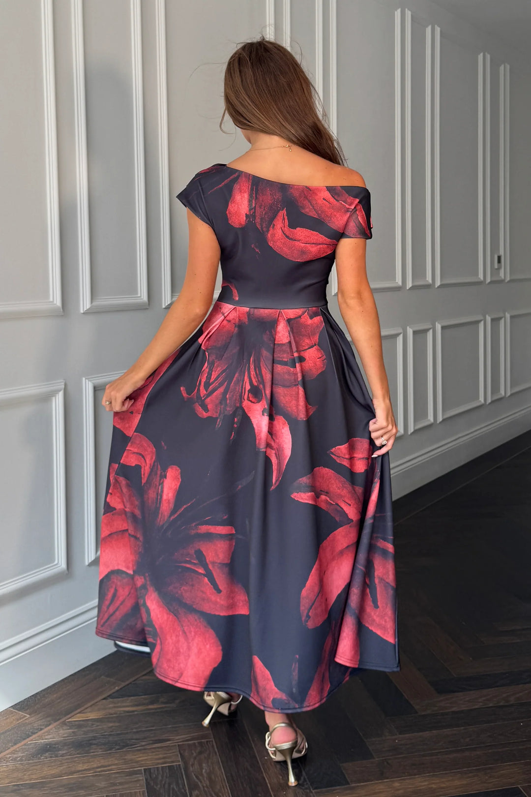 Betty Black Floral Asymmetric Neckline Skater Maxi Dress With Pockets