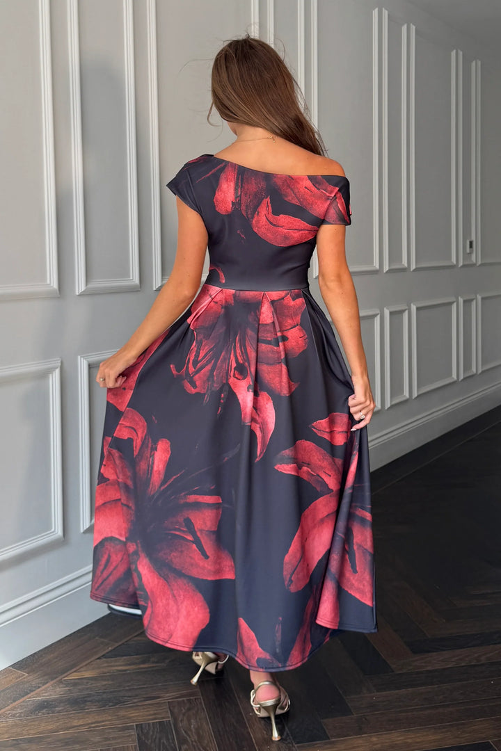 Betty Black Floral Asymmetric Neckline Skater Maxi Dress With Pockets
