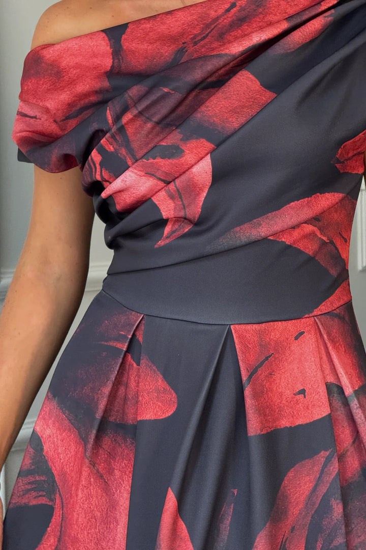 Betty Black Floral Asymmetric Neckline Skater Maxi Dress With Pockets