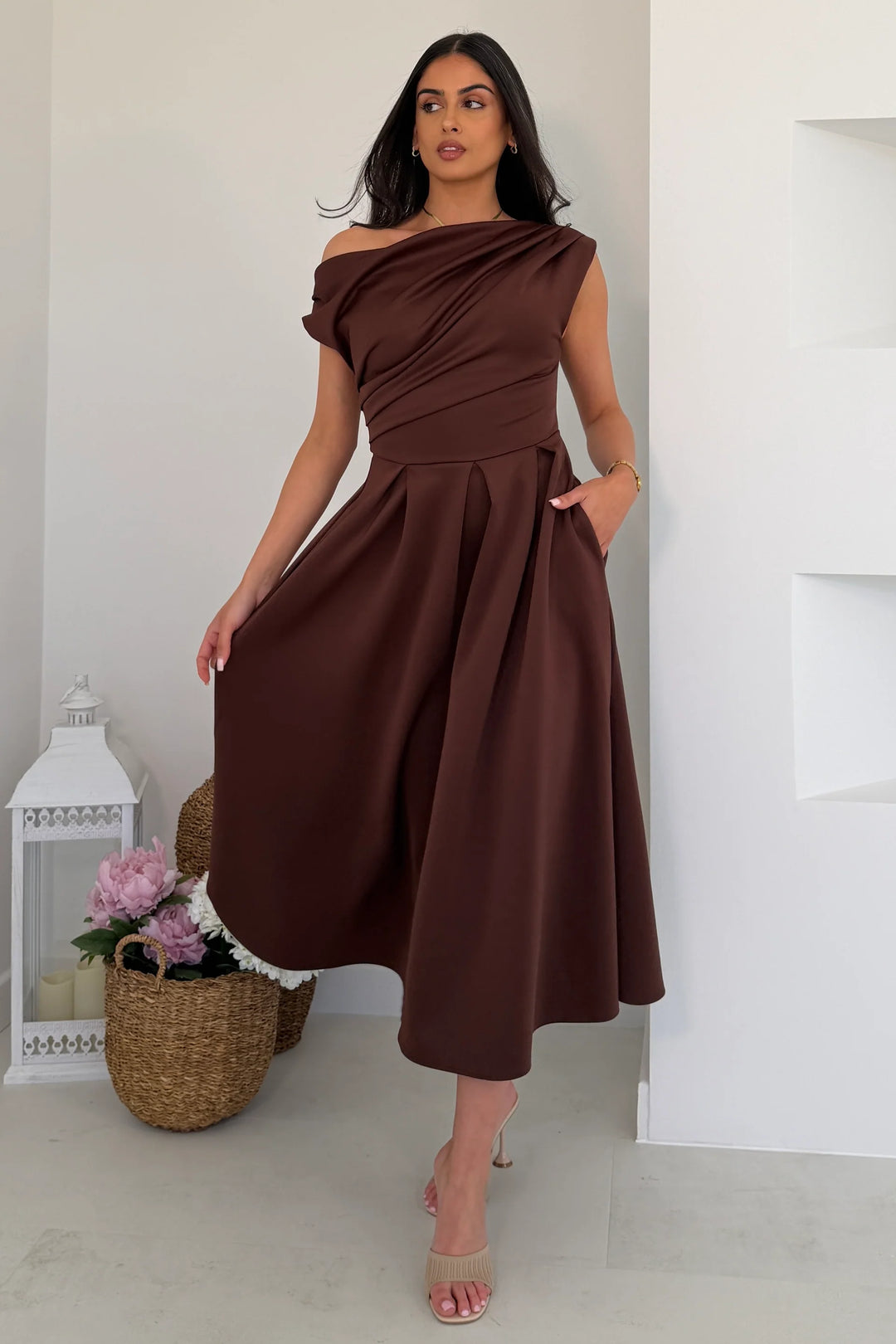 Betty Brown Asymmetric Neckline Skater Midi Dress With Pockets