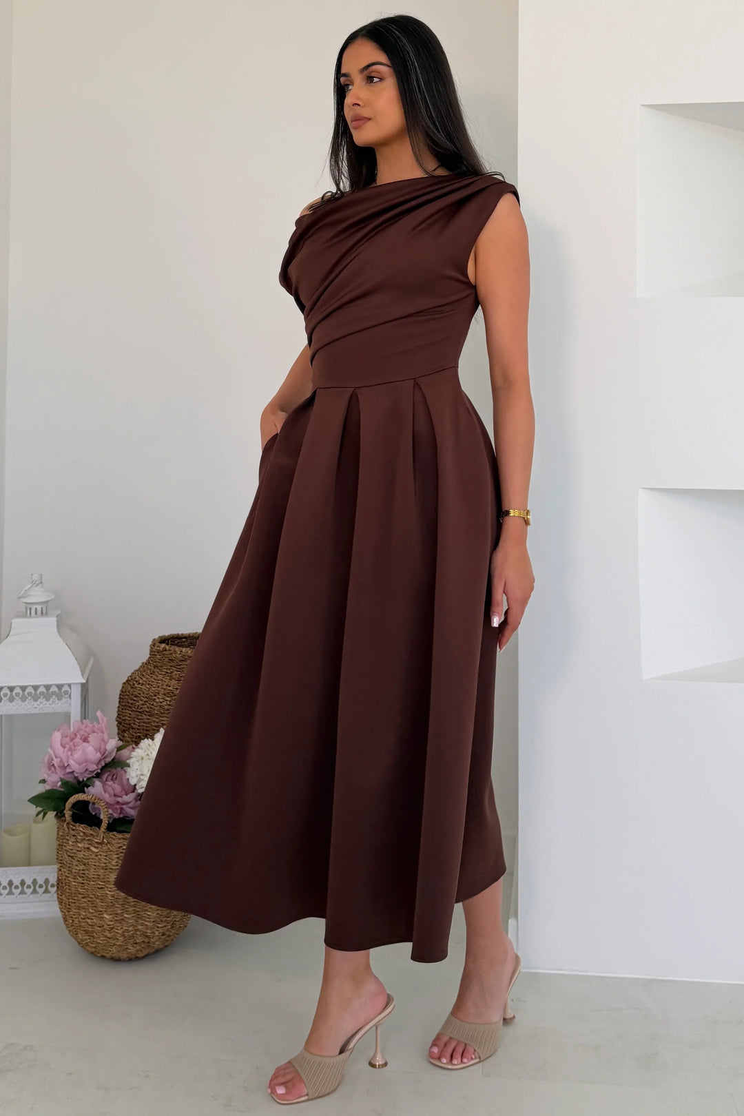 Betty Brown Asymmetric Neckline Skater Midi Dress With Pockets