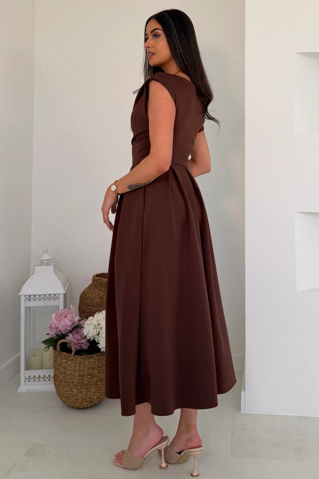 Betty Brown Asymmetric Neckline Skater Midi Dress With Pockets