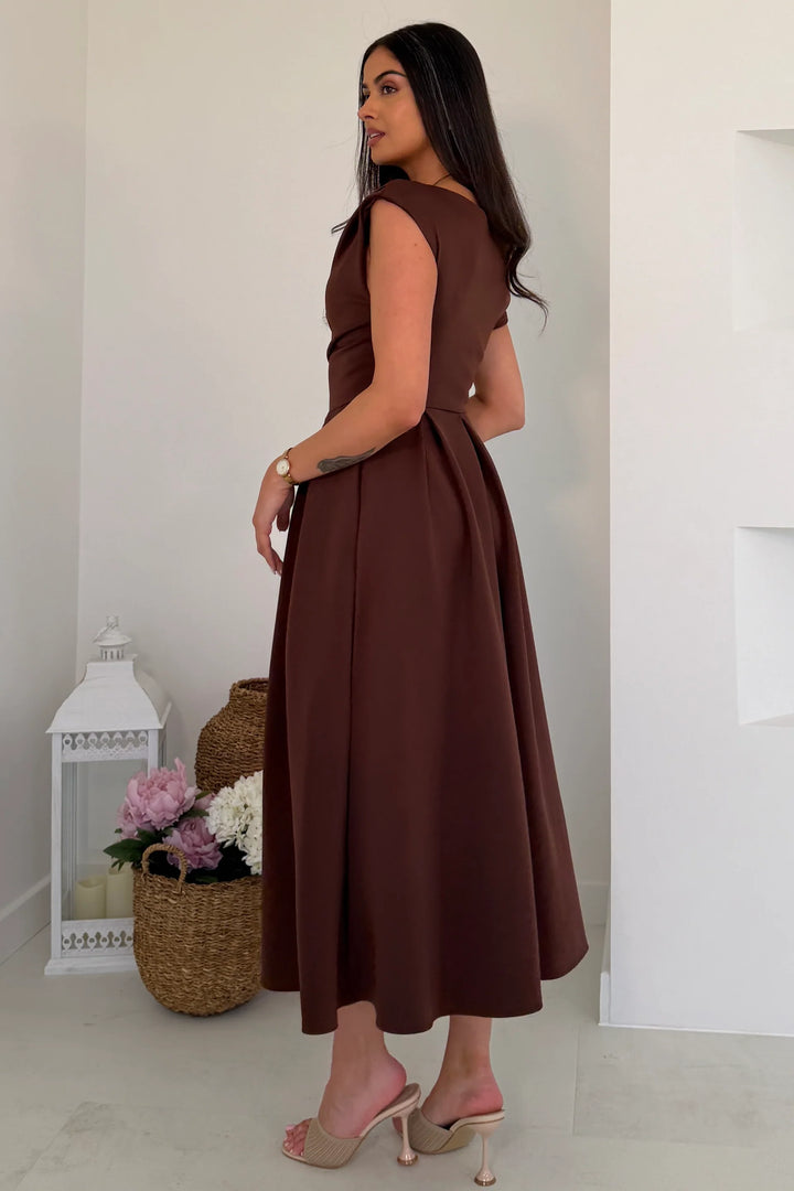 Betty Brown Asymmetric Neckline Skater Midi Dress With Pockets