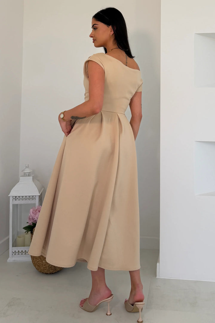 Betty Nude Asymmetric Neckline Skater Midi Dress With Pockets