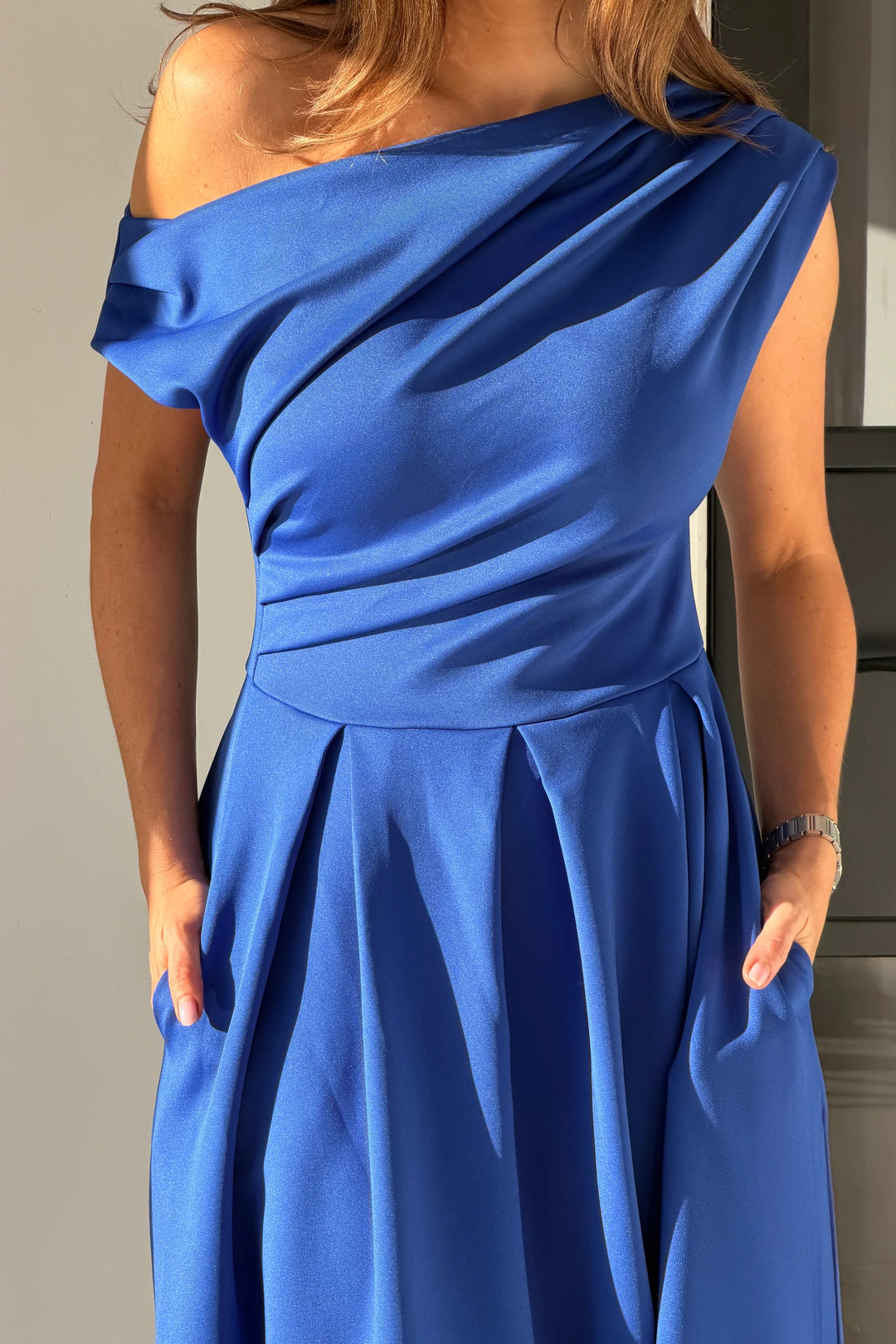 Betty Cobalt Blue Asymmetric Neckline Skater Maxi Dress With Pockets